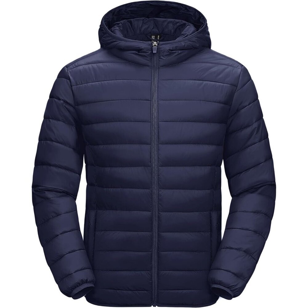 Men's Dark Blue Hooded Water-Resistant Outerwear Warm Quilted Puffer Jacket